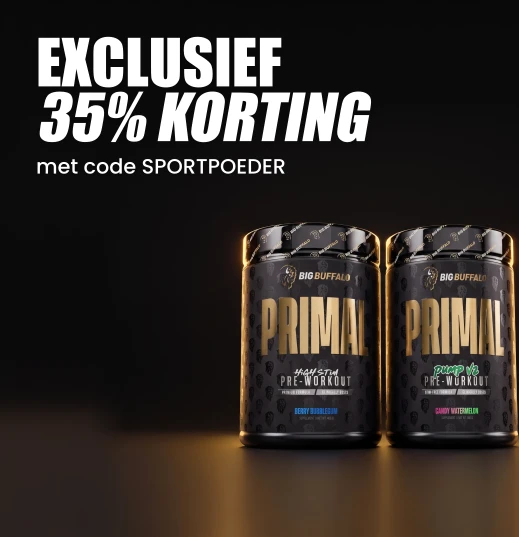 Big Buffalo · exclusief 35% korting op de Primal pre-workouts met code SPORTPOEDER · High-Stim Pre of Pump V2 voor €29,24