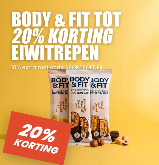 Body & Fit eiwitrepen-sale · 15% op de vernieuwde repen, 20% op de mixdoos + 10% extra met code SPORTPOEDER