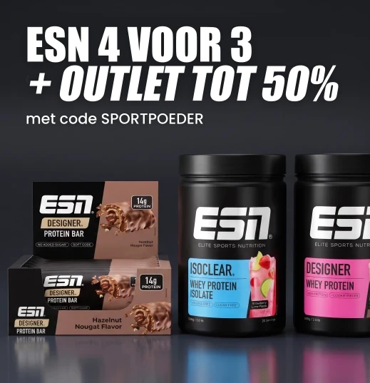 ESN 4 voor 3 + Outlet tot 50% · het goedkoopste van 4 items gratis, onder de 4 items 10% met code SPORTPOEDER · outlet met tot 50% korting op favorieten