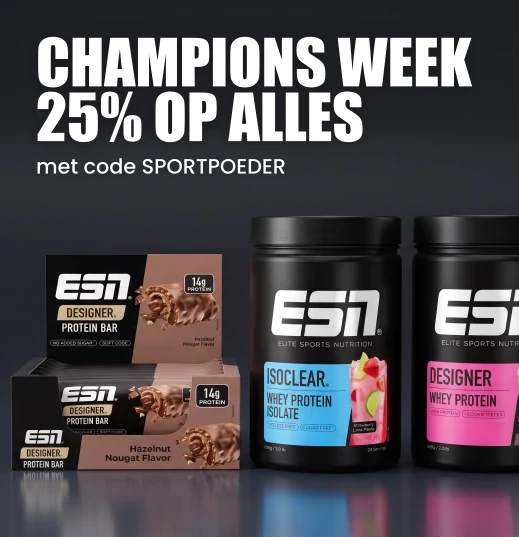 ESN Champions Week · 25% op alles met code SPORTPOEDER, 30% op de nieuwe Designer Protein Extra Creamy · t/m woensdag 30 september