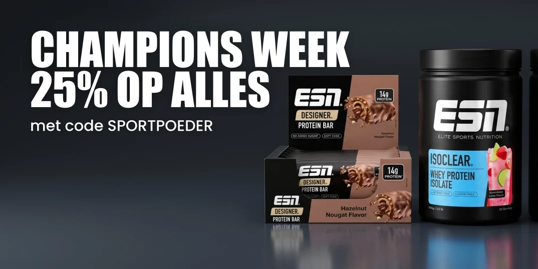 ESN Champions Week · 25% op alles met code SPORTPOEDER, 30% op de nieuwe Designer Protein Extra Creamy · t/m woensdag 30 september