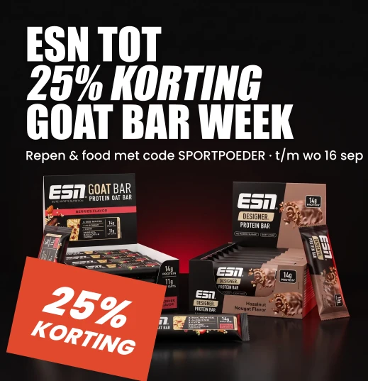 ESN GOAT Bar Week · tot 25% korting op repen en 20% op Food & Flavour met code SPORTPOEDER · t/m woensdag 16 september