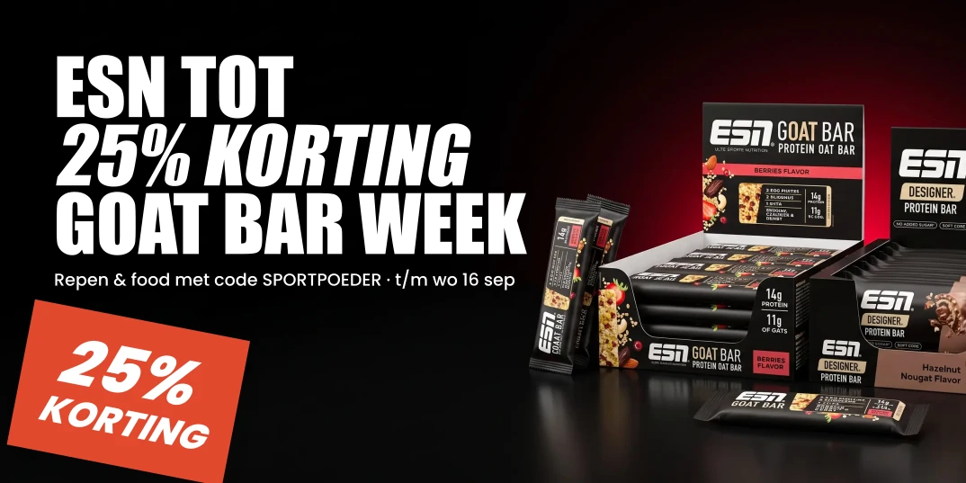 ESN GOAT Bar Week · tot 25% korting op repen en 20% op Food & Flavour met code SPORTPOEDER · t/m woensdag 16 september