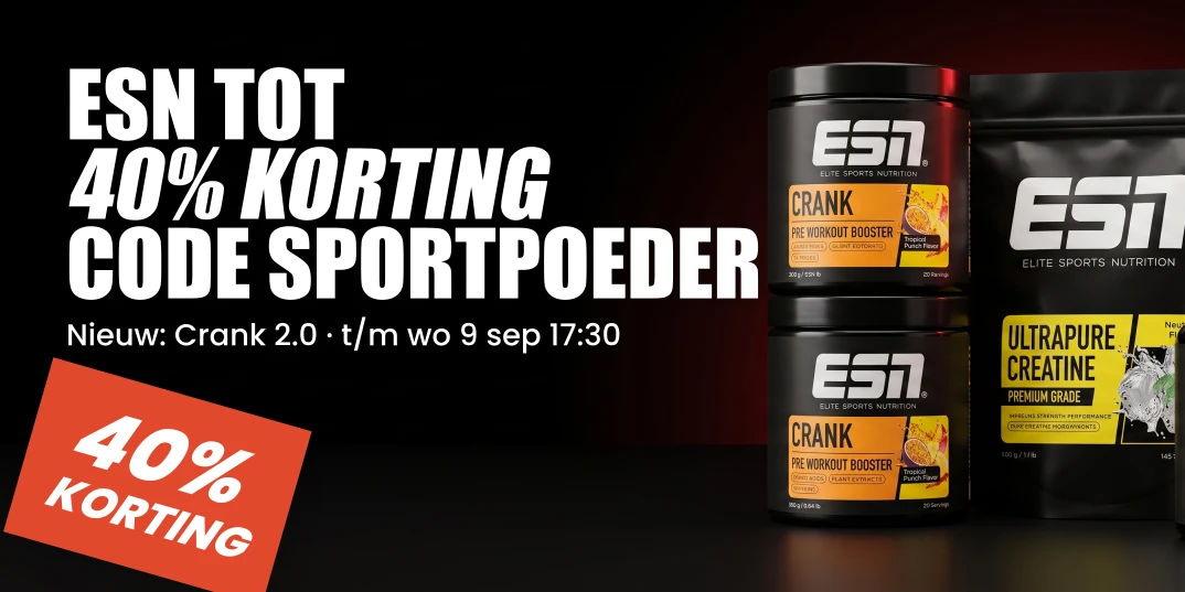 ESN-sale · tot 40% korting met code SPORTPOEDER, plus de nieuwe Crank 2.0 · t/m woensdag 9 september