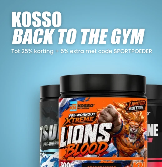 Kosso Back to the Gym · tot 25% korting op pre-workout, creatine en vitamines, plus 5% extra met code SPORTPOEDER