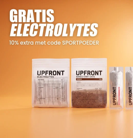 Upfront september-deals · gratis Electrolytes bij een doosje gels én een gratis topping bij twee zakken Baked Oats · 10% extra met code SPORTPOEDER