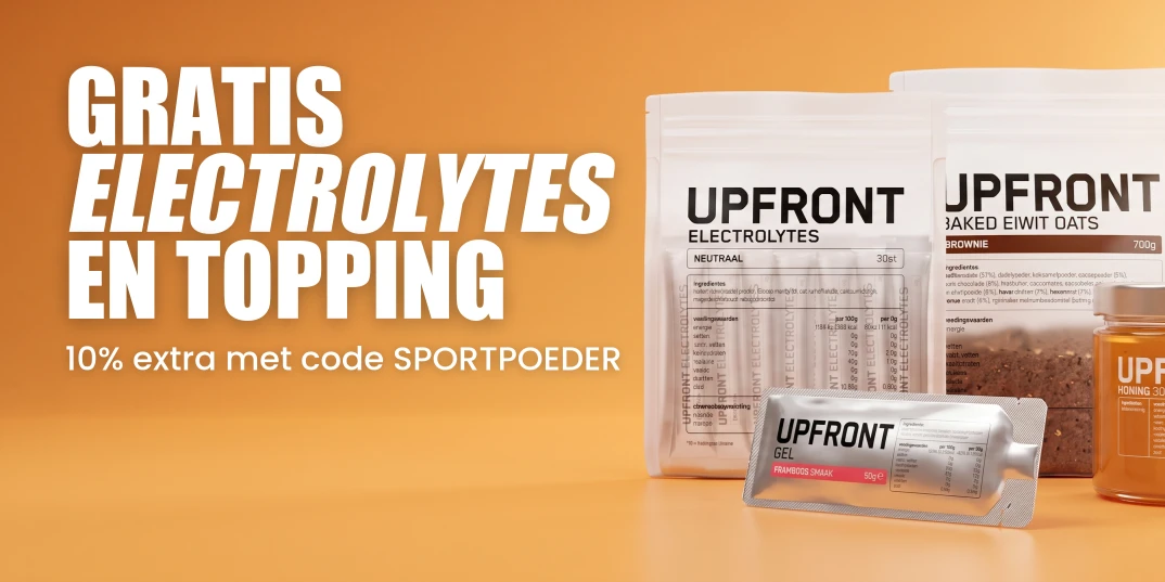 Upfront september-deals · gratis Electrolytes bij een doosje gels én een gratis topping bij twee zakken Baked Oats · 10% extra met code SPORTPOEDER