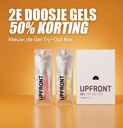 Upfront · 2e doosje gels 50% korting met code SPORTPOEDER · nieuw: de Gel Try-Out Box (mixdoos)