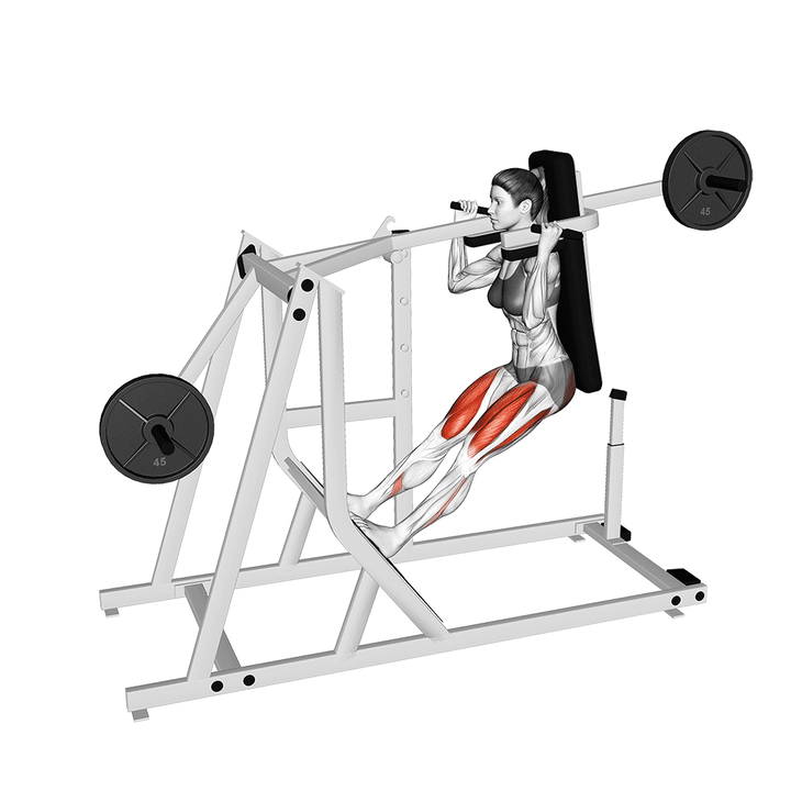 Animatie van de pendulum squat, uitgevoerd door een vrouw