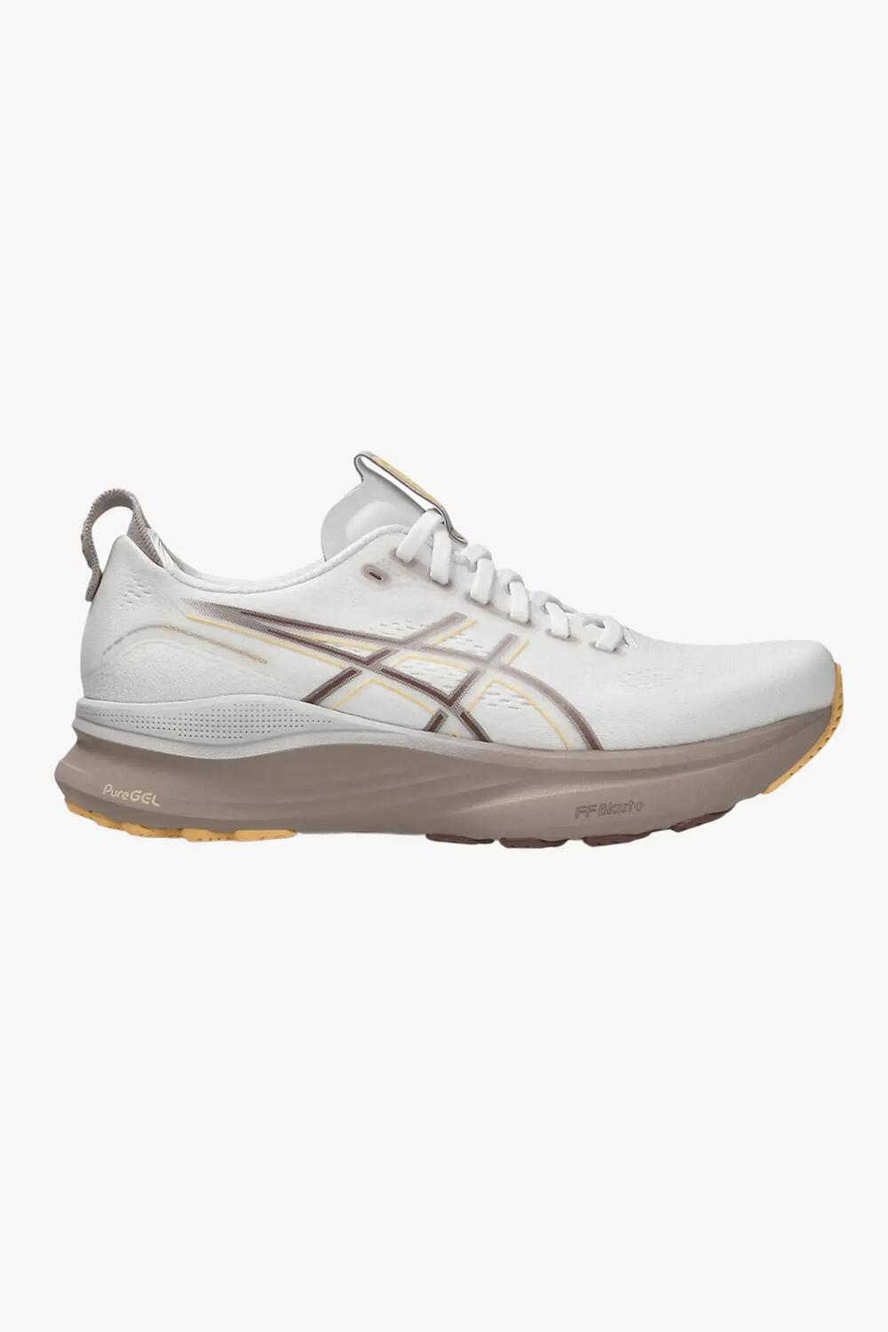 ASICS Gel-Kayano hardloopschoen in wit en beige, zijaanzicht