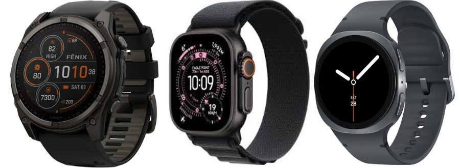 Garmin smartwacht, apple smartwacht en een samsung smartwatch