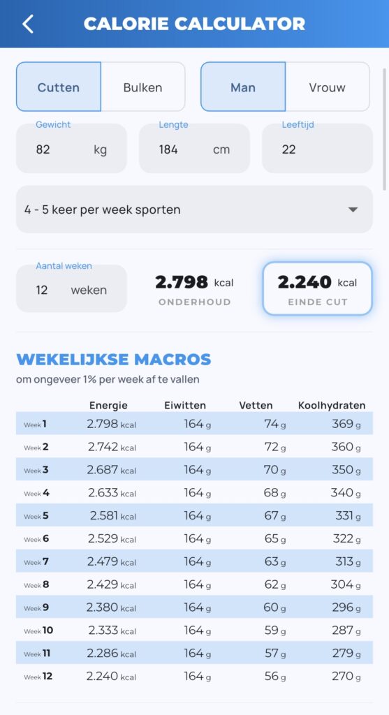 Caloriebehoefte berekenen sportpoeder app