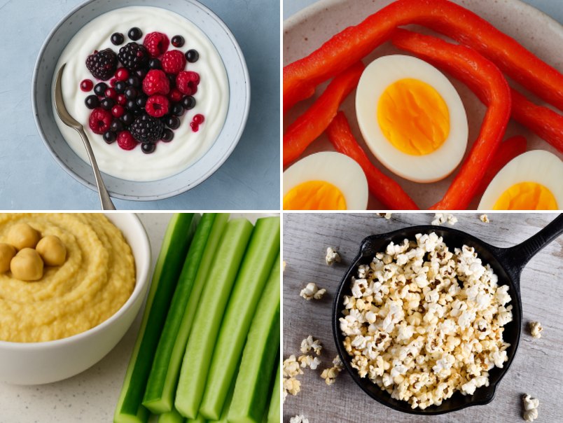 Vier van de tien snacks: magere kwark met rood fruit, eieren met paprika, komkommer met hummus en popcorn